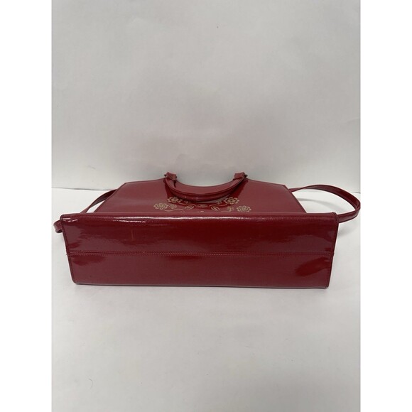 Vintage 80s Victory Red Patent Leather Hand Bag Satchel Floral Purse 14" x 8.5" - Picture 6 of 6